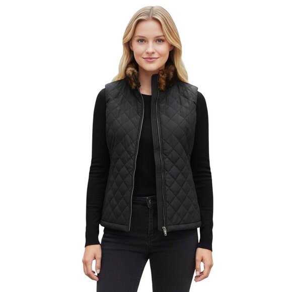 Vintage Quilted Vest Fur Trimmed XS Petite Black Lauren RL 2000s EUC Equestrian - Picture 1 of 9